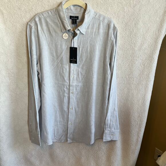 NEW Daniel Hechter Paris linen blend blue white striped button down shirt size L - Picture 1 of 6